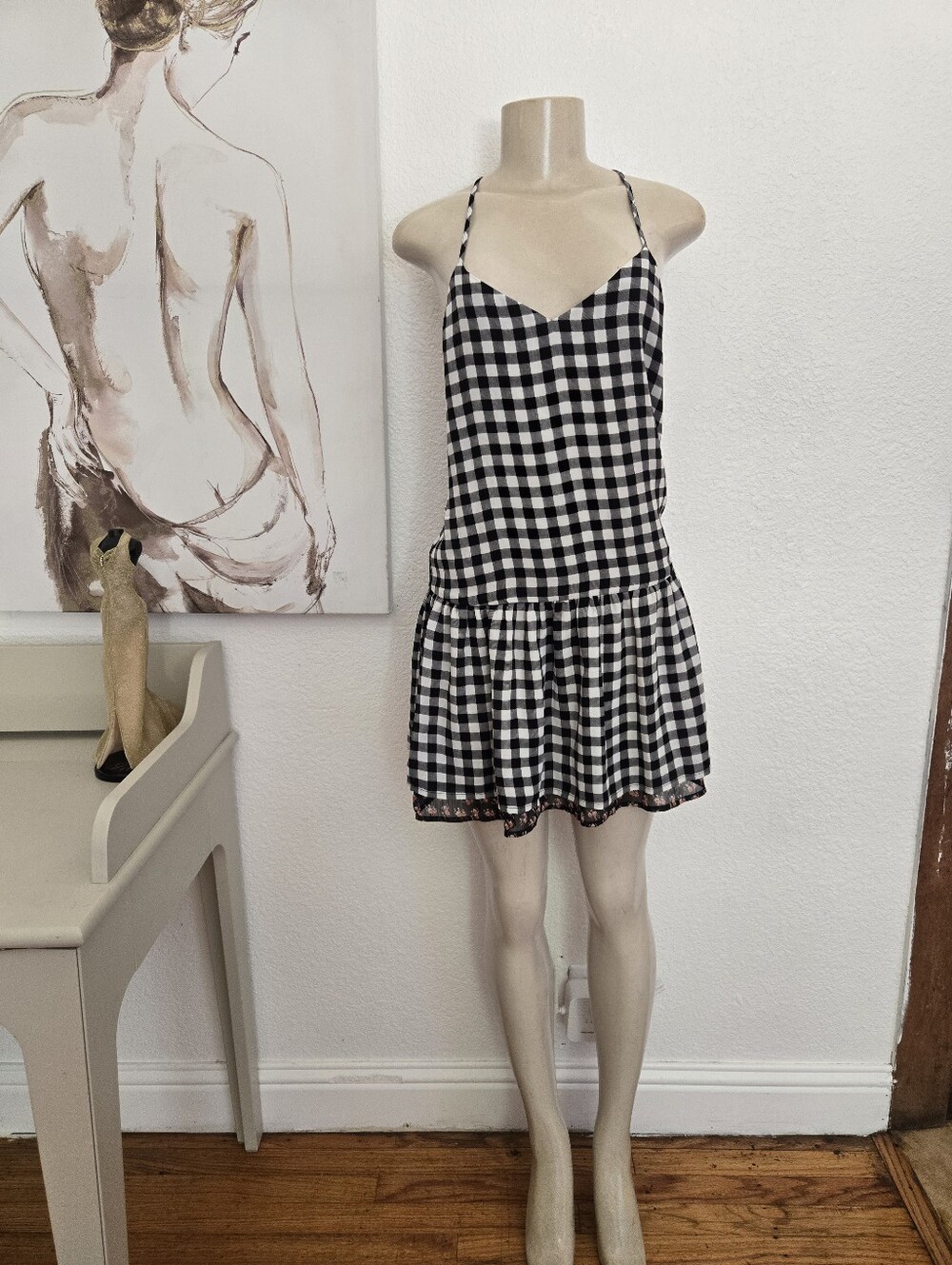 NWT Princess Vera Wang Black & White Gingham Spaghetti Strap Dress Size XS